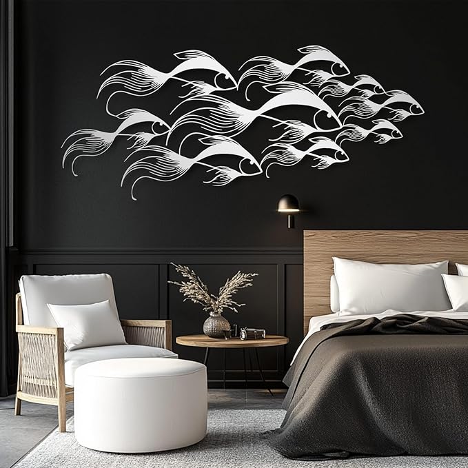 School of Fish Metal Wall Art, Metal Fish Wall Decor, Sea Life Wall Art, Large Nautical Wall Hanging, Modern Beach House Wall Decor, Ocean Themed Artwork for Bathroom (Gold, 53"x22" | 135x57cm)