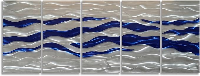 SYGALLERIER Abstract Coastal Metal Wall Art Handcrafted Big 3D Blue and Silver Artwork Modern Sea Waves Pictures Contemporary Sculpture for Living Room Bedroom Bathroom Decor