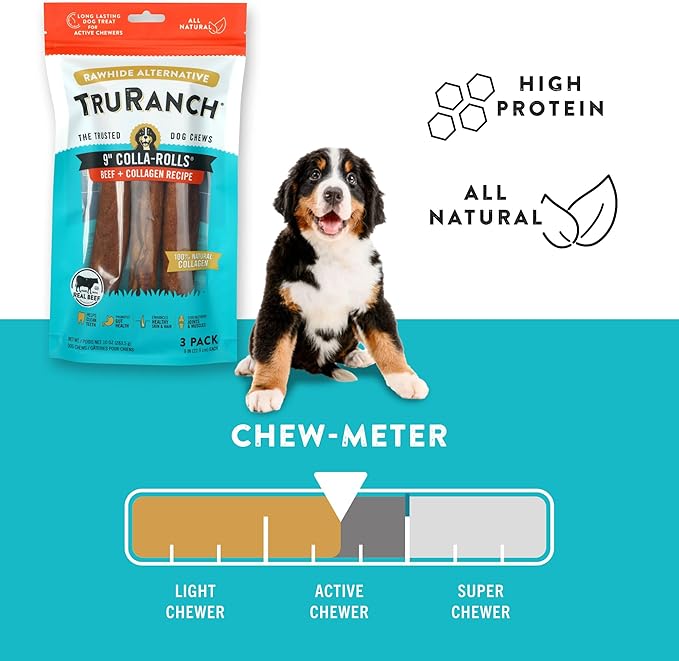 Collagen Rolls - 9" Collagen Rolls for Dogs - Long Lasting Healthy Joint Support - Rawhide Alternative - Skin & Coat Health - Made with Real Beef, Value Pack, 3 Bags, 9 Count