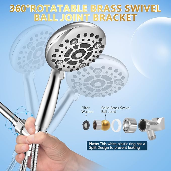 6 Spray Modes High Pressure Handheld Showerhead Set Upgraded 5 Inches Shower Head with Handheld Spray Premium Chrome Handheld Shower Head 60 Inches Stainless Steel Hose-1-Min Install