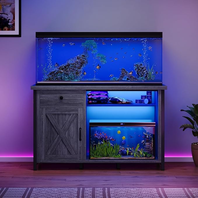 4ever2buy 55 Gallon Fish Tank Stand with LED Light & Power Outlets, 55-75 Gallon Aquarium Stand with Drawer & Barn Door, Cabinet for Fish Tank Accessories Storage for Reptile Tank, Turtle Tank, Gray