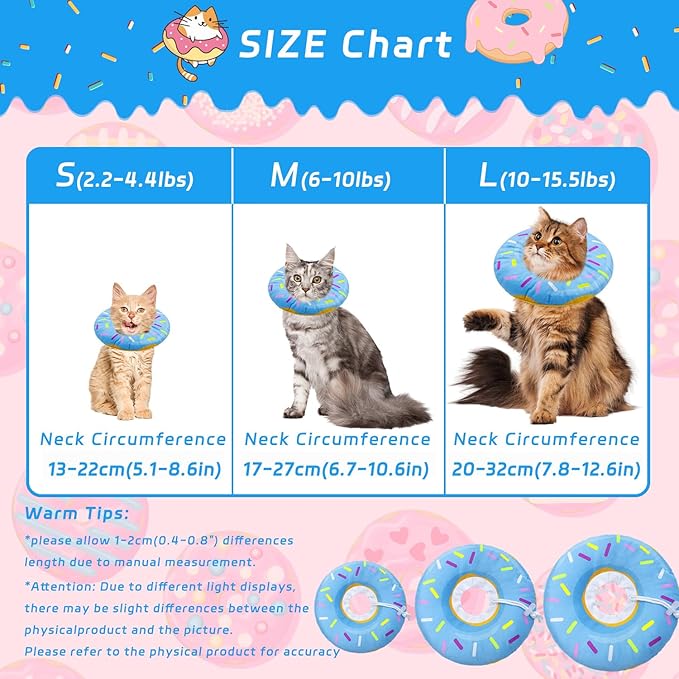 Cat Cone Collar Soft, Adjustable Cat Recovery Collars Kitten Cones to Stop Licking, Cute Donut E Collar After Surgery, Anti-Lick Wound Healing Elizabethan Collar for Kittens(Donut Blue, Medium)