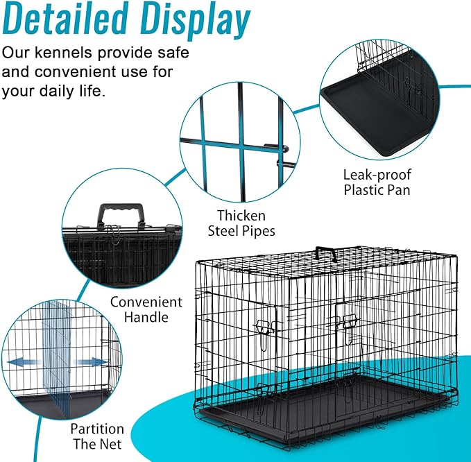 FDW Dog Crate for Small Dogs 24 Inch Folding Metal WirePet Cage Double Door W/Divider Panel Indoor Outdoor Kennel Leak-Proof Plastic Tray,Black