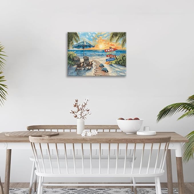 Beach Ocean Bathroom Pictures Wall Art, Seaside Coastal Bathroom Wall Decor, Sunrise Framed Painting Canvas Artwork for Bedroom Living Room Decorations 16"L x 12"W