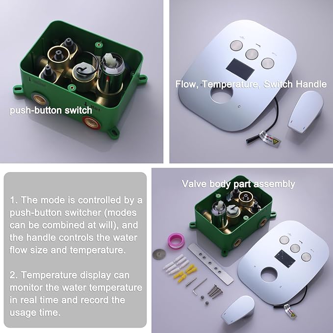 Digital Display Chrome Shower System with 12 inch Ceiling Mounted Shower Head and 8 inch Wall Mounted Shower Head, with Handheld Shower