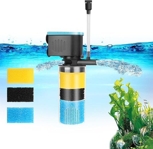 Aquarium Filter 3-Stage in-Tank Filter, Small Internal Fish Tank Filter, Submersible Pumps Filter for 5-20 Gallon Tanks, Turtle Tank Filter, with Dual Water Outlet & Aeration