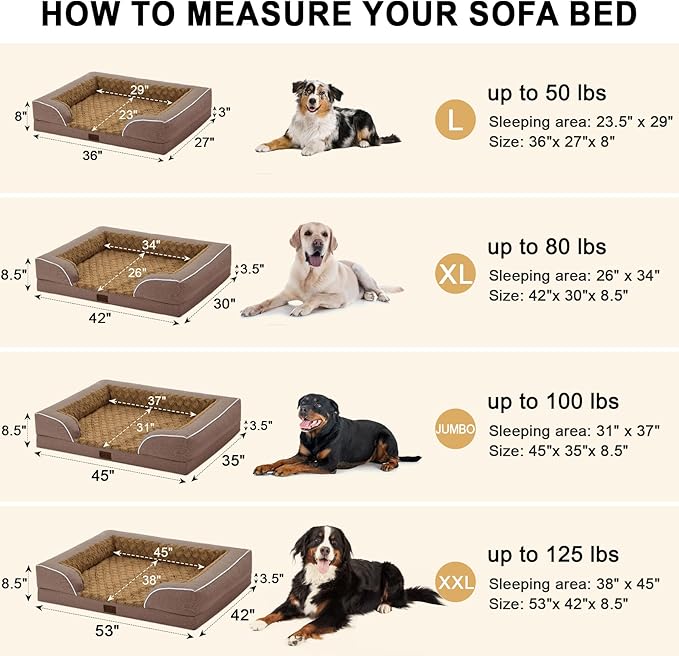 Orthopedic XL Dog Bed for Extra Large Dogs, Waterproof Memory Foam Dog Beds with Sides, Non-Slip Bottom and Egg-Crate Foam Big Dogs Couch Beds with Removable Washable Cover(X-Large,Brown)