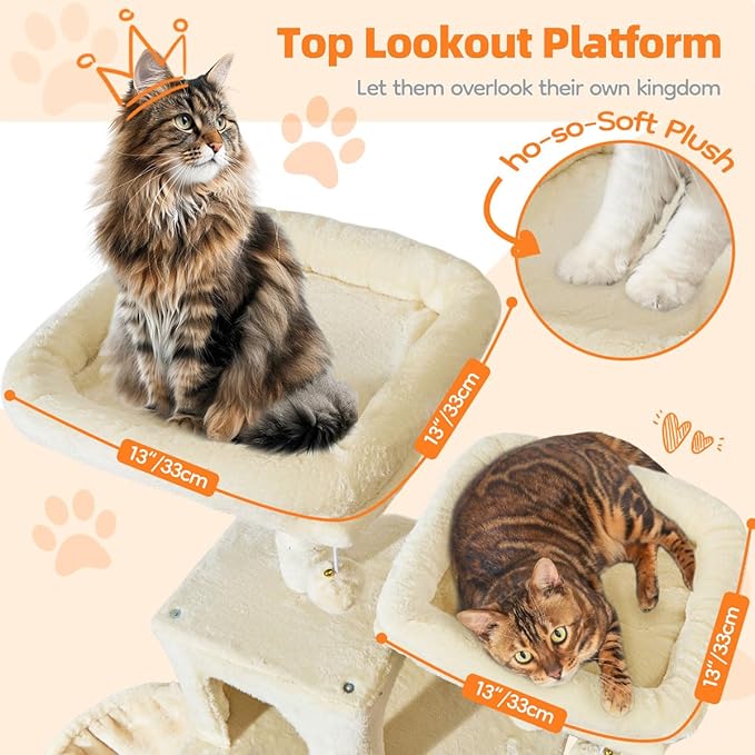 Taoqimiao Large Cat Tree，73-Inch Cat Tree Tower with 9 Scratching Posts for Indoor Cats, 2 Large Cat Condo with Hammock, Hanging Basket, 2 Extended Platform, Beige MS013XLM
