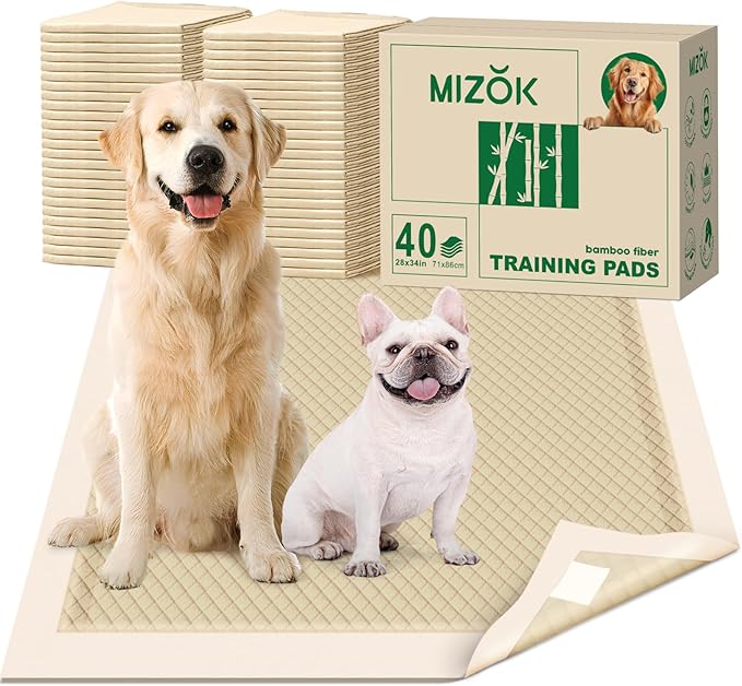 MIZOK Dog Pee Pads Large 28X34in Bamboo Dog Pads Odor Eliminating Pee Pads for Dogs 8 Cups Super Absorbent 6-Layers Leak-Proof Training Pads, Disposable (40 Counts)