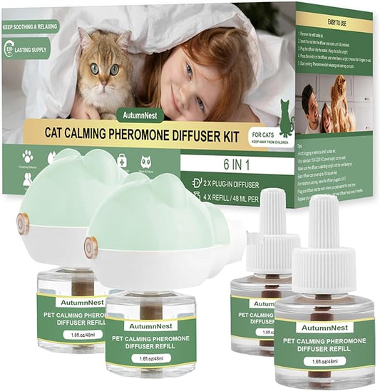 Cat Calming Diffuser Kit with 2 Plug-in & 4 Refills, Pheromone Diffuser for Cats Reducing Fighting, Scratching, Urine, Aggression, Anxiety, Fireworks, Vet Visits, Travel, 120 Day Supply, Safe Formula
