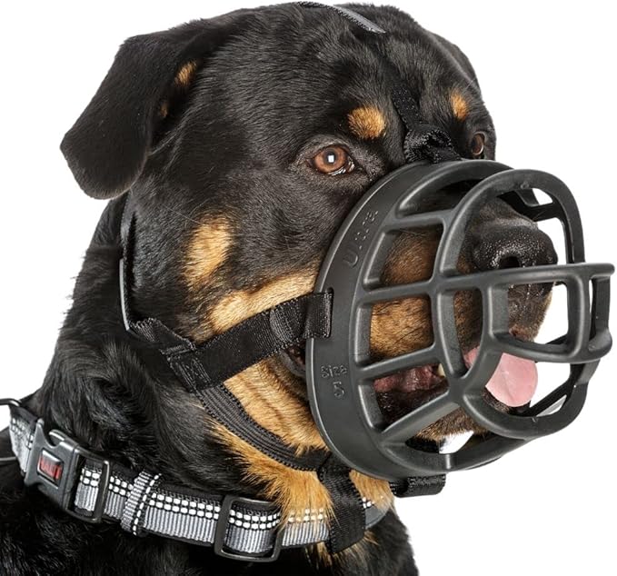 BASKERVILLE ULTRA MUZZLE - Patented Humane Design, Breathable, Dog can Pant and Drink, Adjustable, Padded, Dog Training Muzzle for Large Dogs, Prevents Biting, Wildlife Scavenging (Size 5, Black)