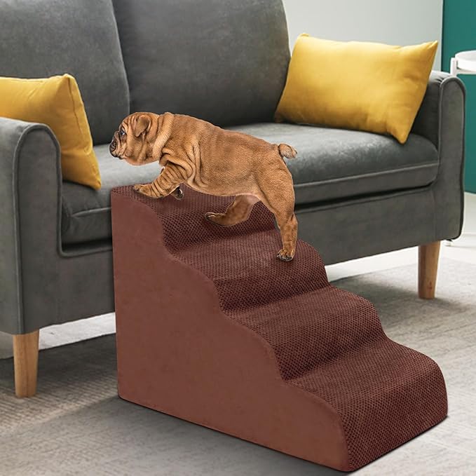 Dog Stairs for Small Dogs - High Density Foam Pet Steps, Extra Wide Dog Ramp with Non-Slip Bottom for High Beds, Couch and Sofa, Best for Dogs Injured, Older Doggy Cats,4 Steps, Brown