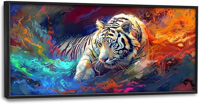 Quorin White Tiger Large Wall Art Abstract Colorful Tiger Animal Pictures Wall Decor Canvas Print Painting Artwork for Bathroom Living Room Bedroom 60L x 30W