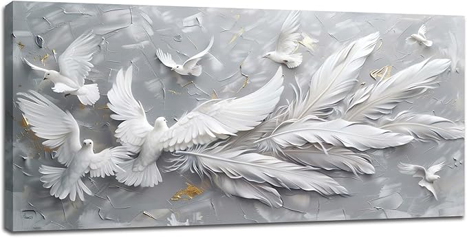 Quorin Feather Dove Bird Large Wall Art White and Gray Peaceful Birds Flying Pictures Holy Wings Wall Decor Canvas Print Painting Artwork for Bathroom Living Room Bedroom 30"x60"