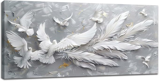 Quorin Feather Dove Bird Large Wall Art White and Gray Peaceful Birds Flying Pictures Holy Wings Wall Decor Canvas Print Painting Artwork for Bathroom Living Room Bedroom 30"x60"