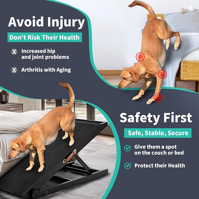 Dog Ramp for Bed, Adjustable Pet Ramps for Dog to Get on Bed, Non-Slip Rubber Surface - Folding Wooden Dog Ramp for Small/Large/Old Dogs, Adjustable up to 19.5 inch High Beds