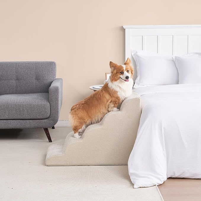 EHEYCIGA Curved Dog Stairs Ramp for High Beds, 5-Step Extra Wide Dog Steps for Small Dogs and Cats, Pet Stairs for High Bed Climbing, Non-Slip Balanced Pet Step Indoor, Beige