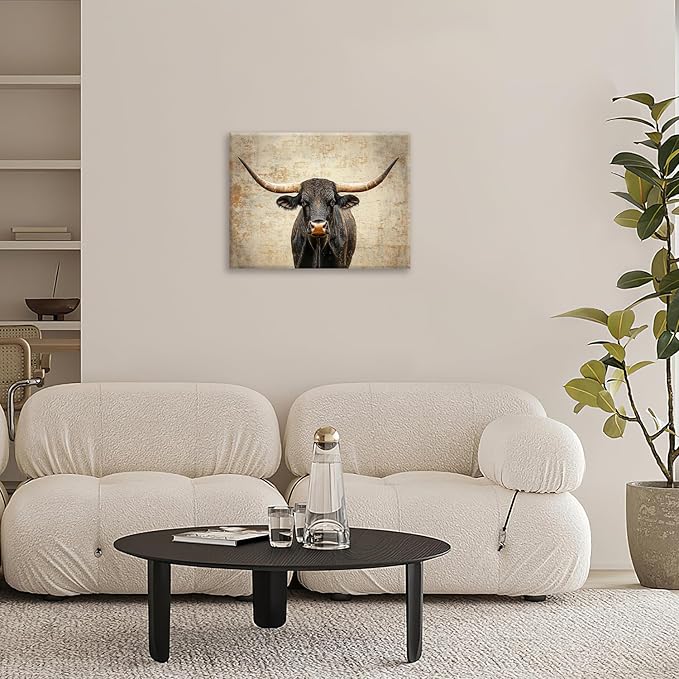 Rustic Highland Cow Pictures Wall Art, Farmhouse Longhorn Bull Bathroom Wall Decor Black Cow Framed Painting Canvas Artwork for Bathroom Bedroom Living Room Decorations 16"L x 12"W