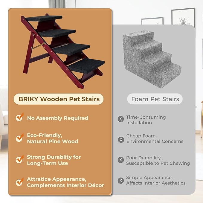 BRIKY Wooden Dog Stairs/Steps - Foldable 4 Steps Dog Steps for High Bed Couch Cars, Non-Slip Pet Stairs for Small Large Medium Dogs and Cats, No Assembly Required
