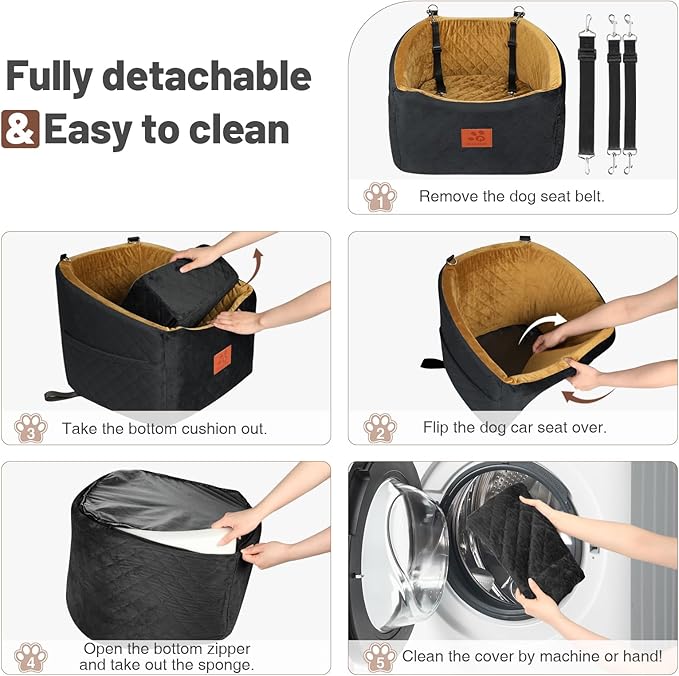 Dog Car Seat for Small Medium Dogs, Memory Foam Booster Car Seat for Dogs up to 35 lbs, Elevated Pet Car Seat, Travel Bed with Washable Removable Cover and Storage Pockets (Black/Coffee)