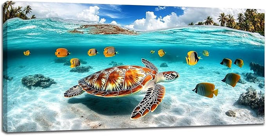 Quorin Sea Turtle Large Wall Art Coastal Undersea Beach Fish Pictures Wall Decor Tropical Island Canvas Print Painting Artwork for Bathroom Living Room Bedroom 30"x60"