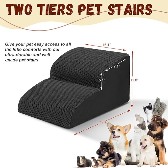 Dog Stairs for Small Dogs - High Density Foam Pet Steps, Extra Wide Dog Ramp with Non-Slip Bottom for High Beds, Couch and Sofa, Best for Dogs Injured, Older Doggy Cats,2 Steps, Black