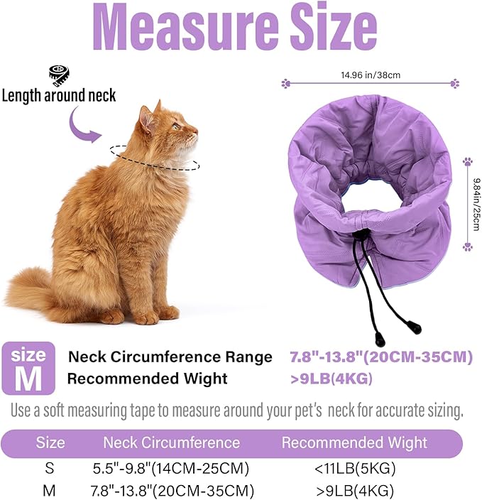 Cat Recovery Collar, Soft Adjustable Cone for Cats and Kittens, Lightweight Waterproof Elizabethan Collar for After-Surgery Care, Prevent Licking and Scratching, Neck Protector for Pets（Purple,M）