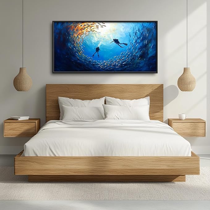 Large Ocean Diving Wall Art for Living Room, Framed Oversized Fish Wall Decor Underwater Marine Life Canvas Painting Modern Artwork for Living Room Bathroom Bedroom Office Dining Room 60"x30"
