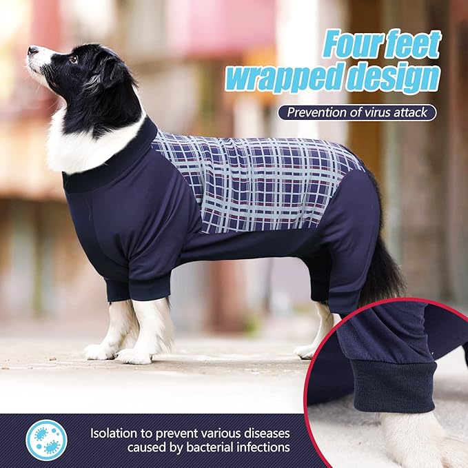 Dog Recovery Suit, Abdominal Wound After Surgery Wear, Anti Licking Bodysuit with Zipper, E-Collar & Cone Alternatives, Plaid Dog Spay Surgical Shirt Prevent Shedding(XL, Blue)