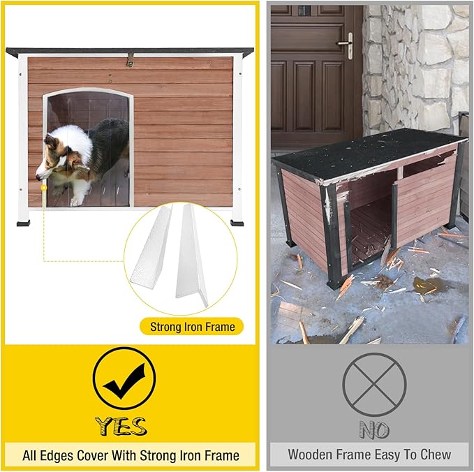 Dog House Outdoor & Indoor Wooden Dog Kennel for Winter with Raised Feet Weatherproof for Small & Medium & Large Dogs,Unique All-Around Iron Frame，Light Brown