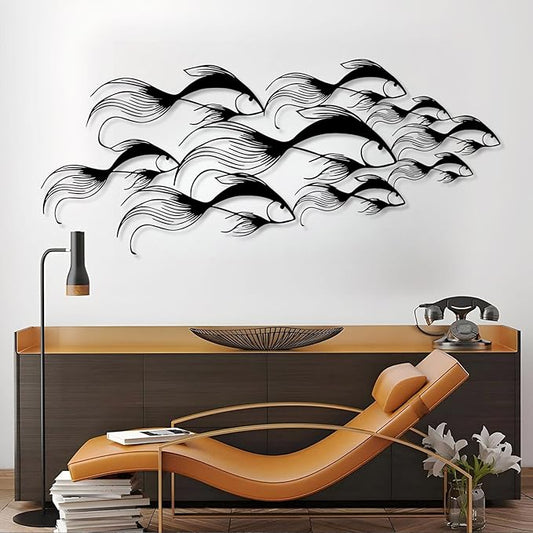 School of Fish Metal Wall Art, Metal Fish Wall Decor, Sea Life Wall Art, Large Nautical Wall Hanging, Modern Beach House Wall Decor, Ocean Themed Artwork for Bathroom (Black, 59"x25" | 150x64cm)