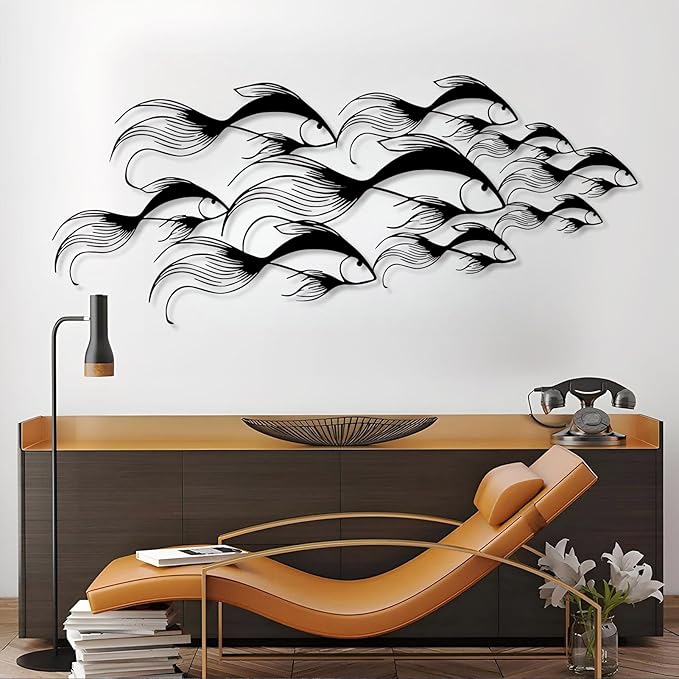 School of Fish Metal Wall Art, Metal Fish Wall Decor, Sea Life Wall Art, Large Nautical Wall Hanging, Modern Beach House Wall Decor, Ocean Themed Artwork for Bathroom (Gold, 41"x18" | 105x45cm)