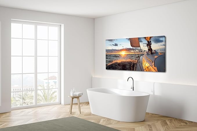 Yacht Sailing in Sea at Sunset Scenery Canvas Wall Art for Living Room Bathroom,Close-up View of Deck Mast Sails Picture Print Artwork Painting Decor,Epic Seascape Scenic Landscape,Inner Frame 30x60