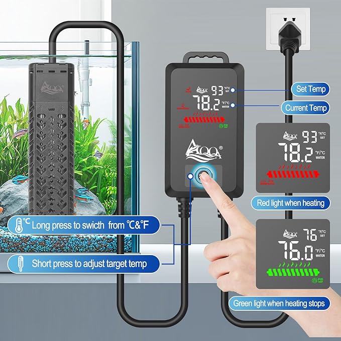 AQQA Aquarium Heater 500W for 55-130 Gallon Fish Tank Heater Quartz Glass Submersible Betta Fish Heater for Aquarium Thermostat Heater with External Digital Controller (AQ136-500W for 55-130Gal)