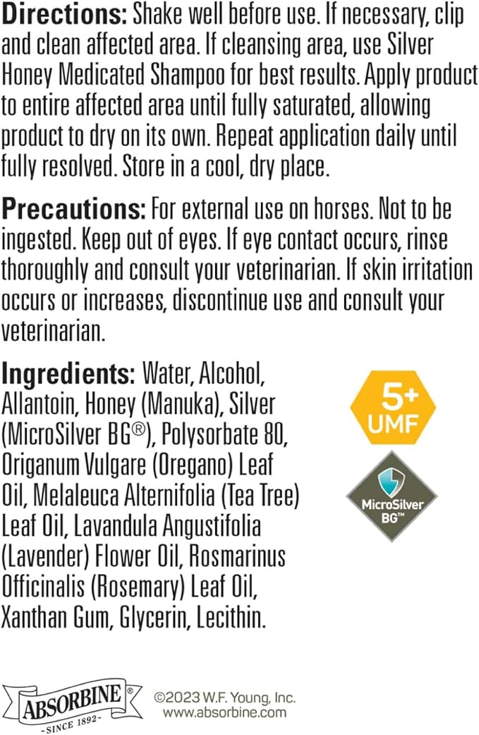 Silver Honey Rapid Relief 6oz Spray for Horses Only, Use on Equine Scratches / Pastern Dermatitis / Mud Fever / Dew Poisoning / Cracked Heels