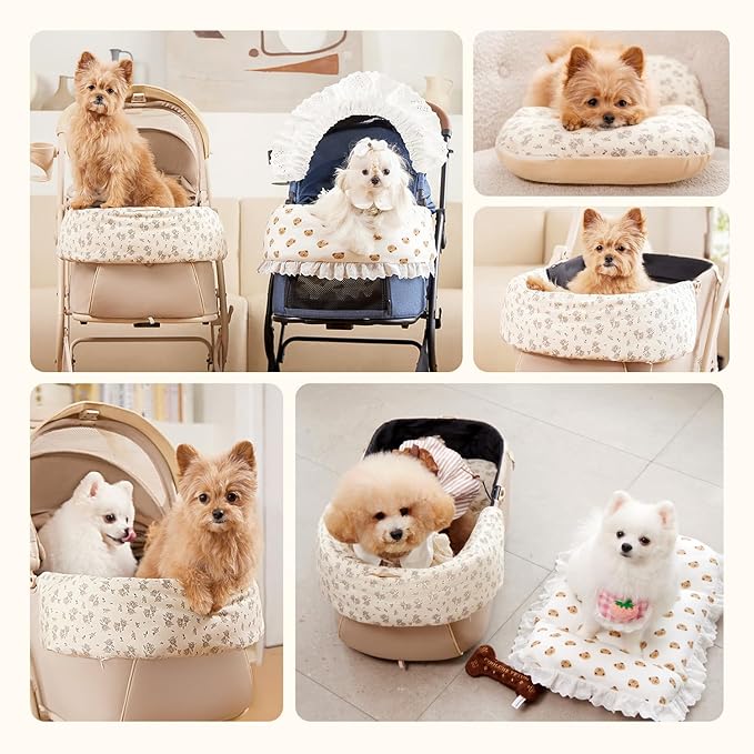 Dog Stroller Cushion & Mat, Pet Stroller Cushion for Dogs & Cats, 5-Level Waterproof & Removable Inner Core, Dog-Ergonomic 3-Zone Support, 4-inch Thickness (Flower Set)