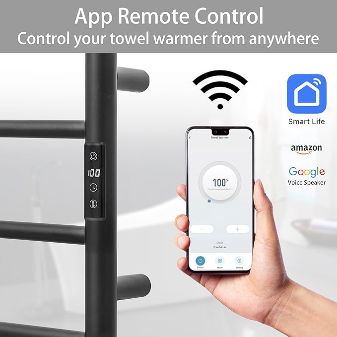 KEG Smart WiFi Towel Warmer Wall Mounted with Built-in Timer and Temperature Adjust Control, 12 Bars Electric Stainless Steel Heated Towel Racks for Bathroom Black