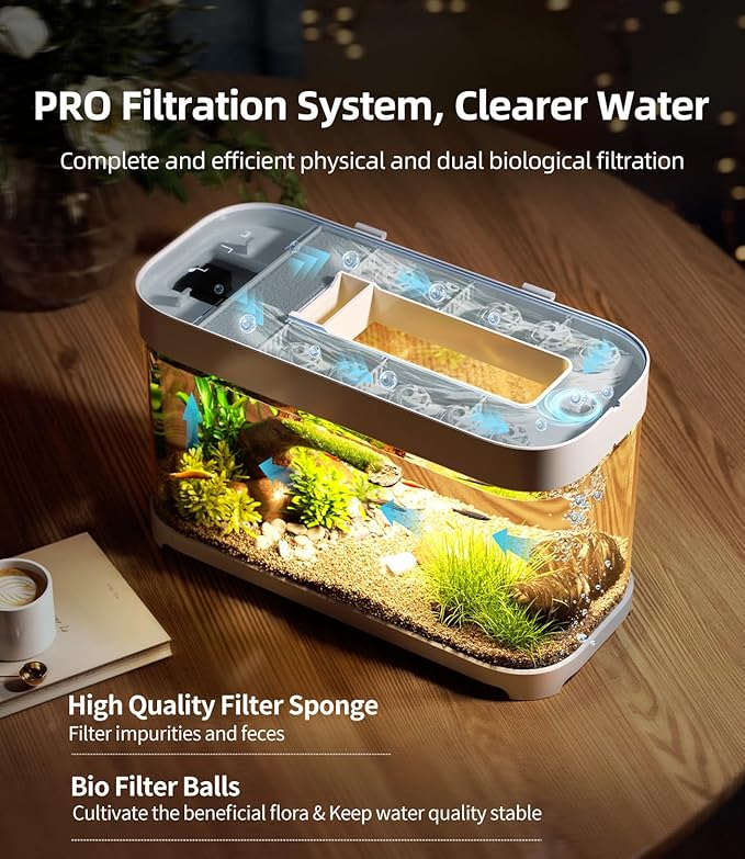 Smart Betta Fish Tank Aquarium 3 Gallon with Temperature Monitor, 3 Stage Filtration, 8 Color Lighting, Self Cleaning Small Beta Tank Kit, Acrylic