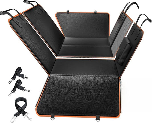 6-in-1 Leather Dog BackSeat Extender, Hard Bottom 40/60 Split Waterproof Car Back/Front Seat Cover, Rear Hammock Carseat Protector, Large Size Pet Mat for SUV/Truck/Cargo, Vehicle Bed Travel Accessory