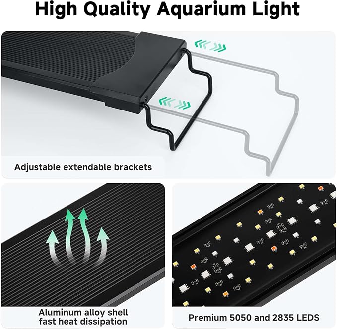AQQA LED Aquarium Light, 24/7 Mode IP68 Waterproof Extendable Bracket Fish Tank Light, DIY Mode Full Spectrum Aquarium Plant Light, Adjustable Timer/Brightness Memory Function for 12-18 Inch Fish Tank