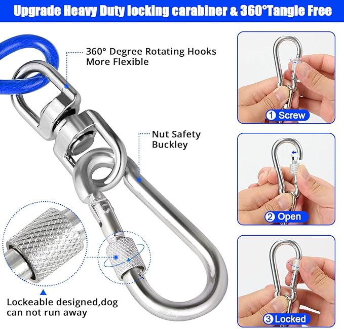jenico Dog Tie Out Cable, 10/15/20/30/40/50/70/100/150FT Dog Runner Cable with Swivel Hook and Shock Spring, Dog Leash Run Tether for Yard Outdoor and Camping,for Small to Medium Pets Up to 500 LBS