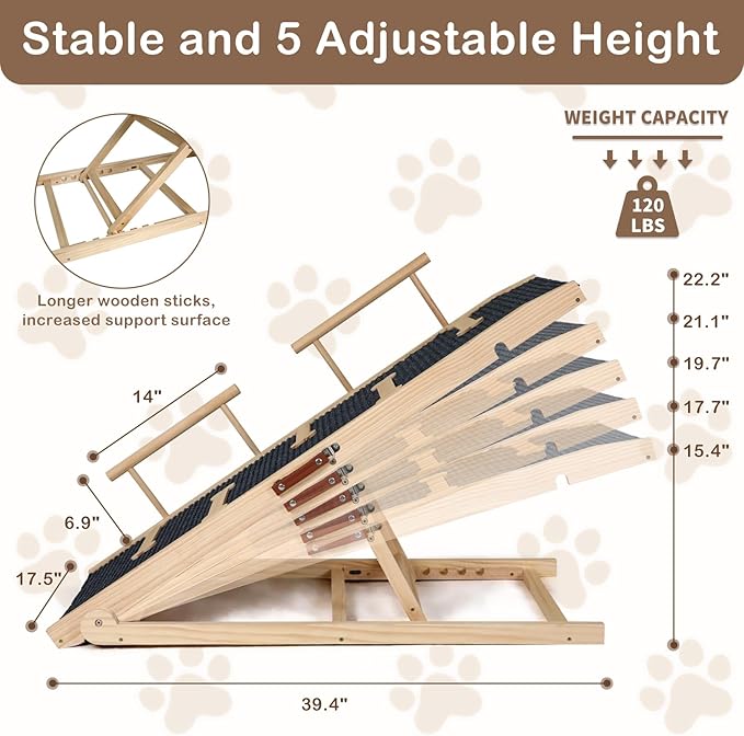 Dog Ramp for Bed, Non-Slip Pet Ramp with 5 Adjustable Heights, Portable Foldable Wooden 40" Long Pet Stairs for Small & Large Old Dogs & Cats - Lightweight & Easy Storage