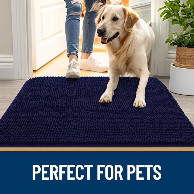 OLANLY Dog Door Mat Set 4-Piece 30x20, Absorbs Moisture and Dirt, Absorbent Non-Slip Washable Doormat, Quick Dry Chenille Mud Mat for Dogs, Entry Indoor Entryway Carpet for Inside Floor, Navy Blue