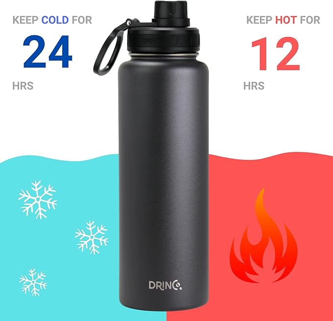DRINCO Stainless Steel Water Bottle Spout Lid Vacuum Insulated Double Wall Water Bottles Wide Mouth (40oz 32oz 22oz 18oz 14oz) Leak Proof Keeps Cold or Hot (40 oz, 40oz Black)