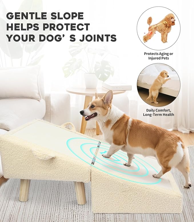 Dog Stairs for Small Dogs and Cats – 2-in-1 Dog Ramp for Bed and Couch, 16.5'' Foldable Wooden Pet Steps, Sturdy Multi-Use Split Ottoman Design, Beige