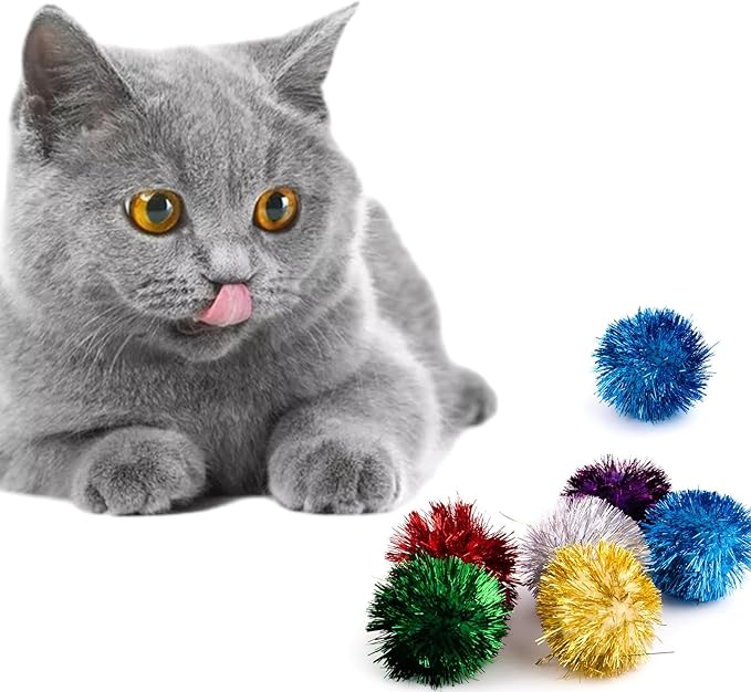 AUEAR, 12 Pack 2 Inch Sparkle Ball Shiny Glitter Tinsel Pom Poms Interactive Cat Balls for Kittens (6 Colors)
