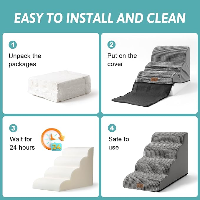 Dog Stairs for Small Dogs 19.7" H, Curved Dog Step for Puppy, Older or Cat, Medium Pet Ramp for Sofa, Couch or Bed, Ladder with High Density Foam, 15.7x28.3x19.7 inch, 4 Step, Light Grey