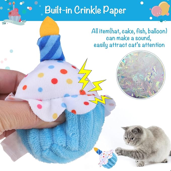 BINGPET Cat Birthday Catnip Toys for Indoor Cats,Cat Birthday Hat,Bandana and Cat Birthday Cake Interactive Plush Kitten Chew Toys,Cute Fish,Balloon Toys with Crinkle Paper and Catnip Inside(Sky Blue)
