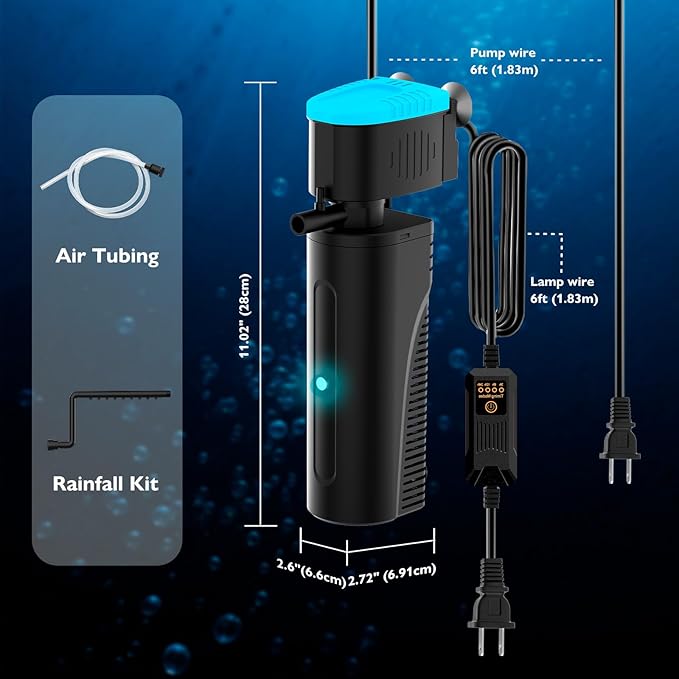 Aquarium Filter with Aeration & Rainfall Mode, U - V Fish Tank Filter with Timer (3/6/12/24 Hours) for Green Water Cleaning, Turtle Tank Filter with Efficient Filter Sponge (60-150Gal)