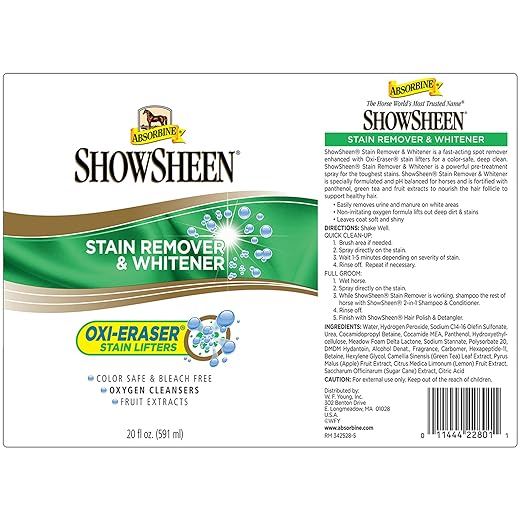 Absorbine ShowSheen Stain Remover & Horse Whitener, Oxi-Eraser Stain Lifters, 20oz